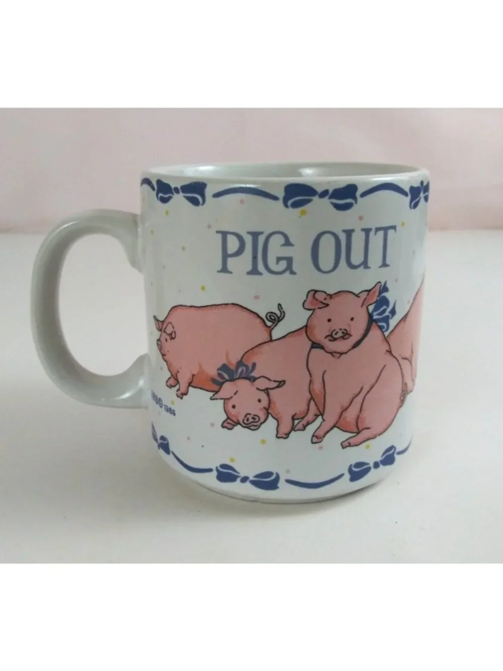 Vintage 1986 RAB Sunnycraft Pig Out Blue Bows & Cute Pigs Coffee Cup Korea